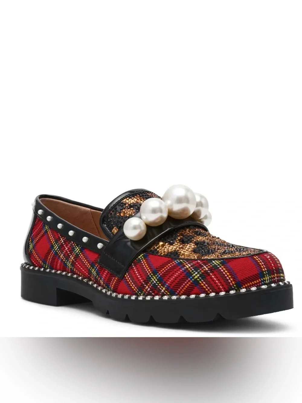 Betsey Johnson Harloe Loafer women’s 7.5 plaid leopard print pearl sparkles
